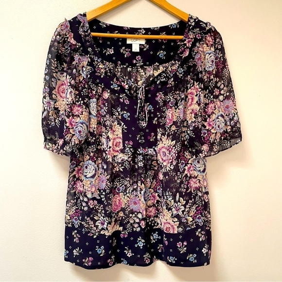 LOFT Tops - Loft Floral Mixed Print Sheer Ruffles Blouse Top M